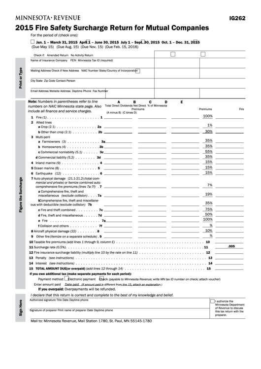 Fillable Form Ig262 Fire Safety Surcharge Return For Mutual Companies