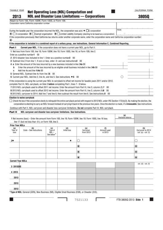 Fillable California Form 3805q Net Operating Loss (Nol) Computation
