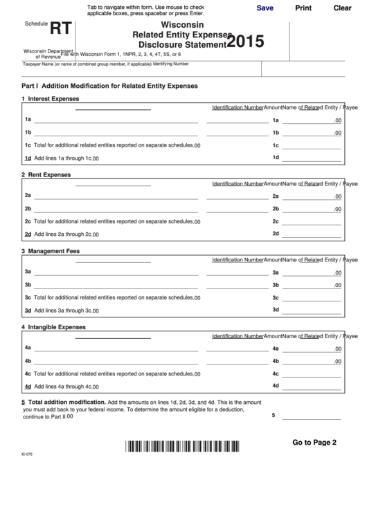 Fillable Schedule Rt Wisconsin Related Entity Expenses Disclosure