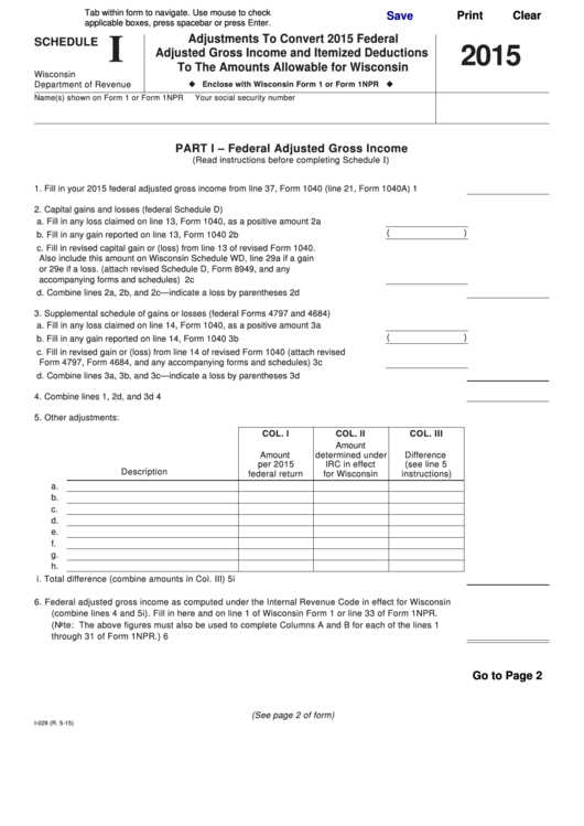 Fillable Schedule I Adjustments To Convert 2015 Federal Adjusted