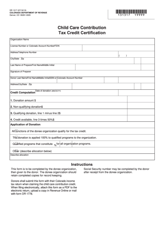 Fillable Form Dr 1317 Child Care Contribution Tax Credit