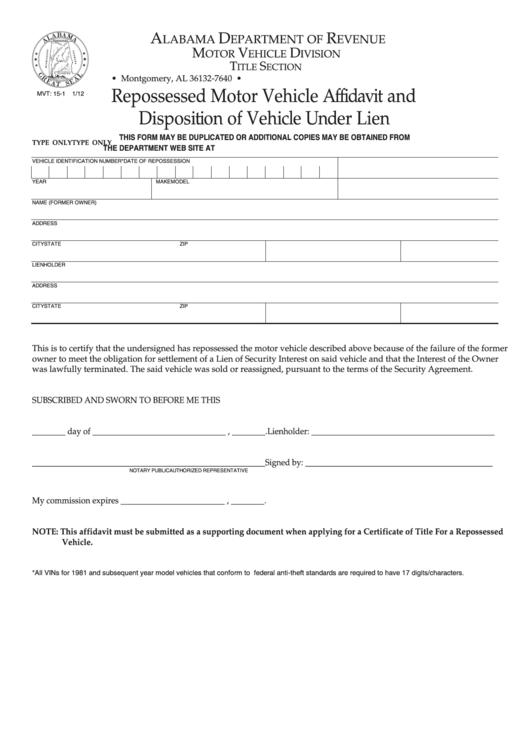 Fillable Form Mvt 151 Repossessed Motor Vehicle Affidavit And