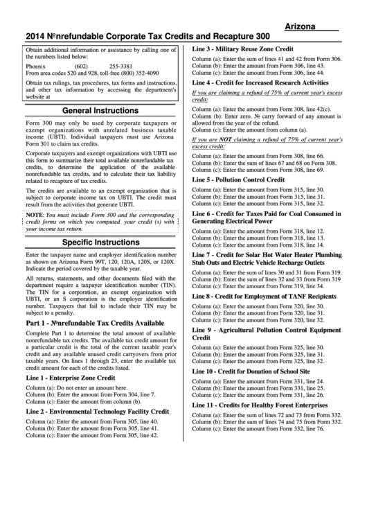 Instructions For Arizona Form 300 Nonrefundable Corporate Tax Credits