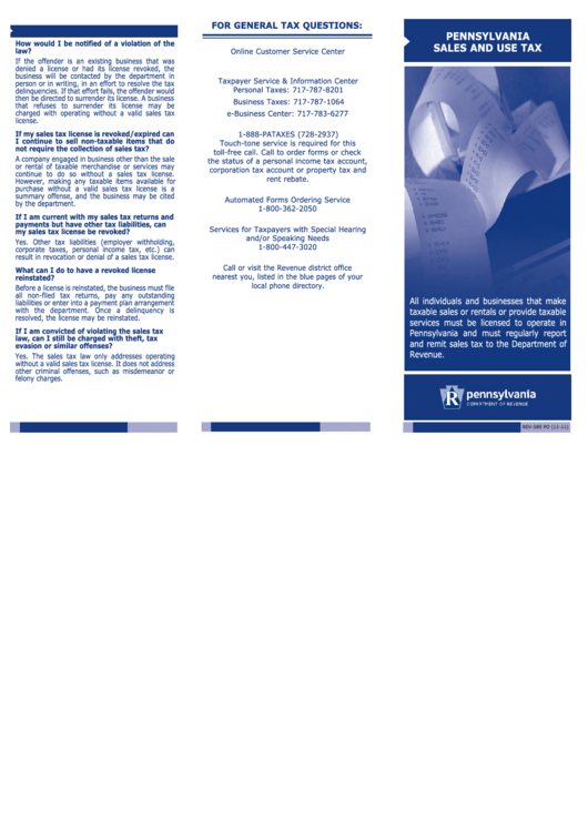 Form Rev585 Pennsylvania Sales And Use Tax printable pdf download