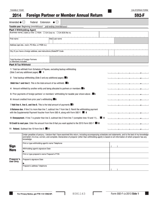 Fillable California Form 592F Foreign Partner Or Member Annual