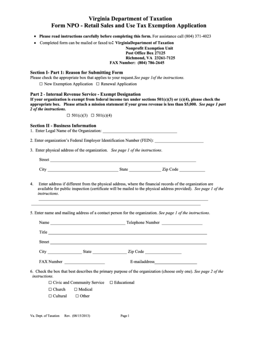 Fillable Form Npo Retail Sales And Use Tax Exemption Application