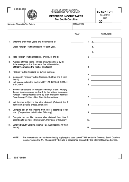 Form Sc Sch Td1 Deferred Taxes For South Carolina printable