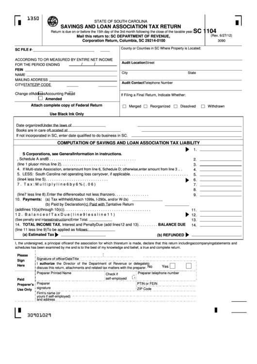 Fillable Form Sc 1104 Savings And Loan Association Tax Return