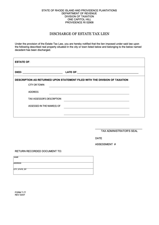 Fillable Form T77 Discharge Of Estate Tax Lien printable pdf download