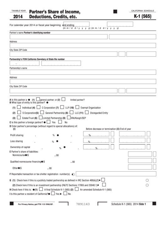Fillable California Schedule K1 (565) Partner'S Share Of