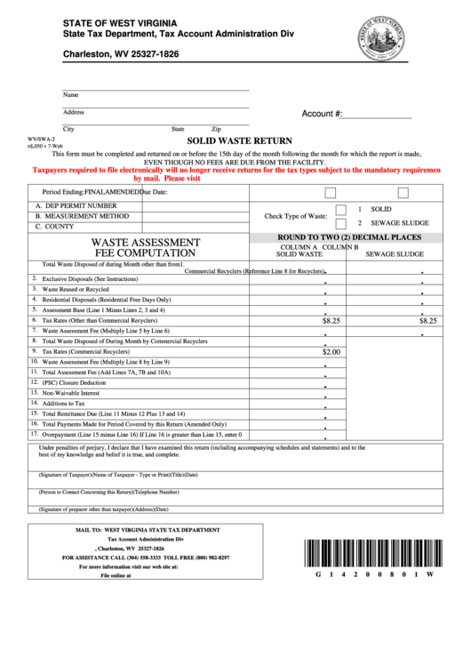 Fillable Form Wv/swa2 Solid Waste Return printable pdf download