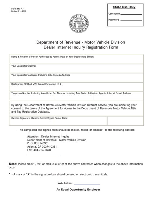 Fillable Form Mv47 Motor Vehicle Division Dealer Inquiry