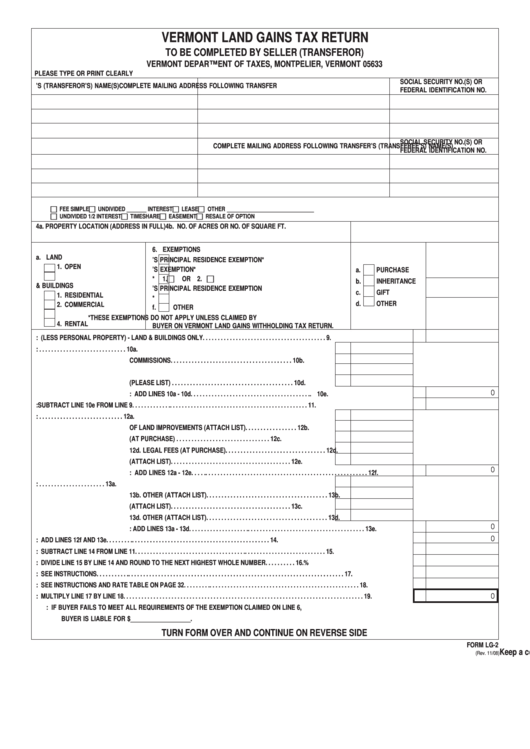 Fillable Form Lg2 Vermont Land Gains Tax Return printable pdf download
