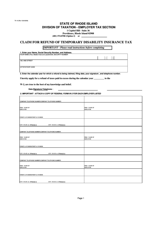 Fillable Form Tx16 Claim For Refund Of Temporary Disability