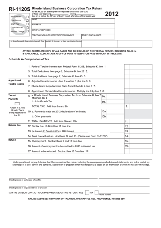 Fillable Form Ri1120s Rhode Island Business Corporation
