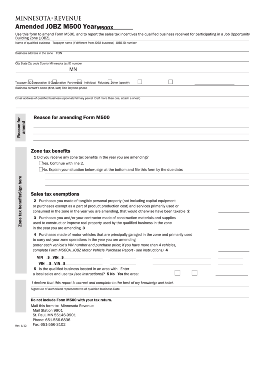 Fillable Form M500x Amended Jobz M500 Year Minnesota Department Of
