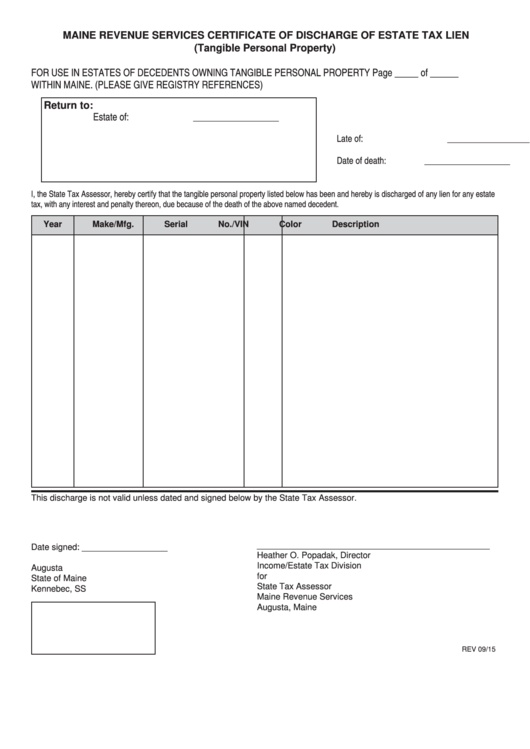 Maine Revenue Services Certificate Of Discharge Of Estate Tax Lien