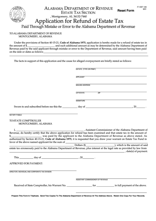 Fillable Alabama Application For Refund Of Estate Tax printable pdf