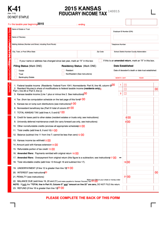 Fillable Form K41 Kansas Fiduciary Tax 2015 printable pdf