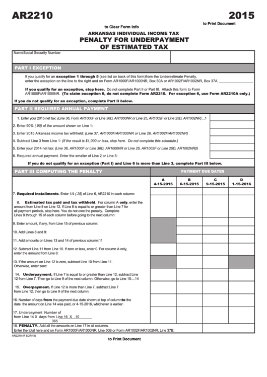 Fillable Form Ar2210 Penalty For Underpayment Of Estimated Tax