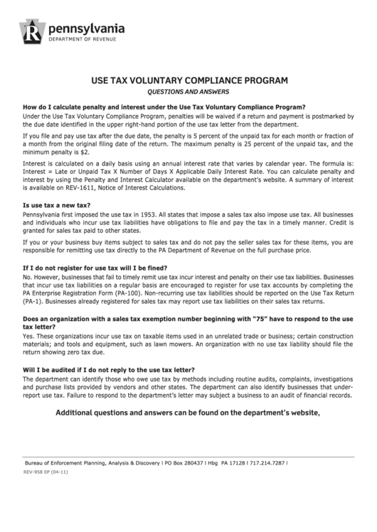 Form Rev958 Ep Use Tax Voluntary Compliance Program printable pdf
