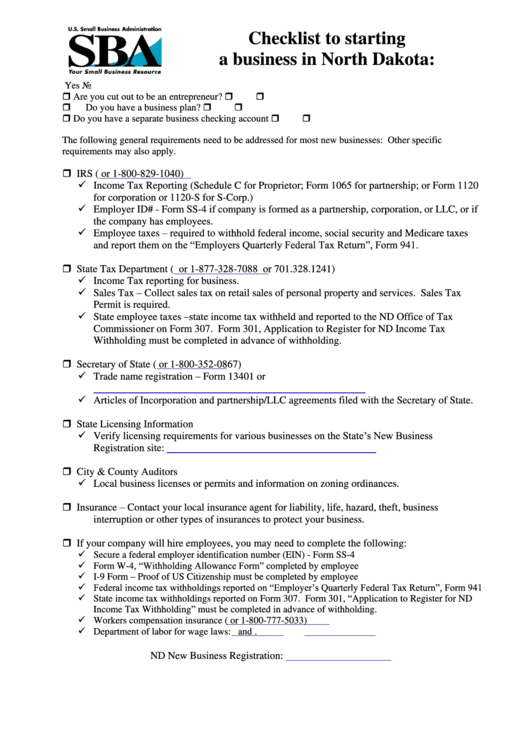 Checklist To Starting A Business In North Dakota printable pdf download