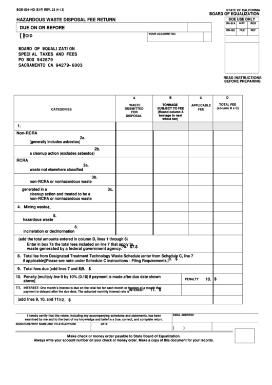 Fillable Form Boe501Hd Hazardous Waste Disposal Fee Return
