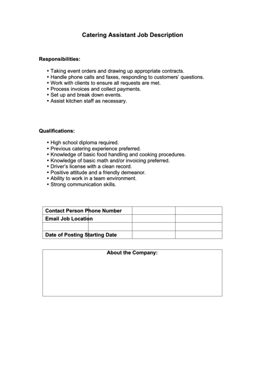 Catering Job Description Template printable pdf download