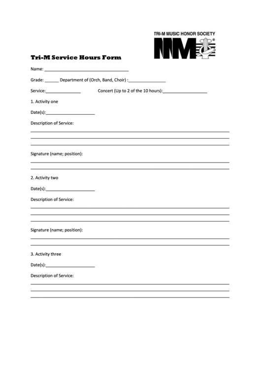 TriM Service Hours Form printable pdf download
