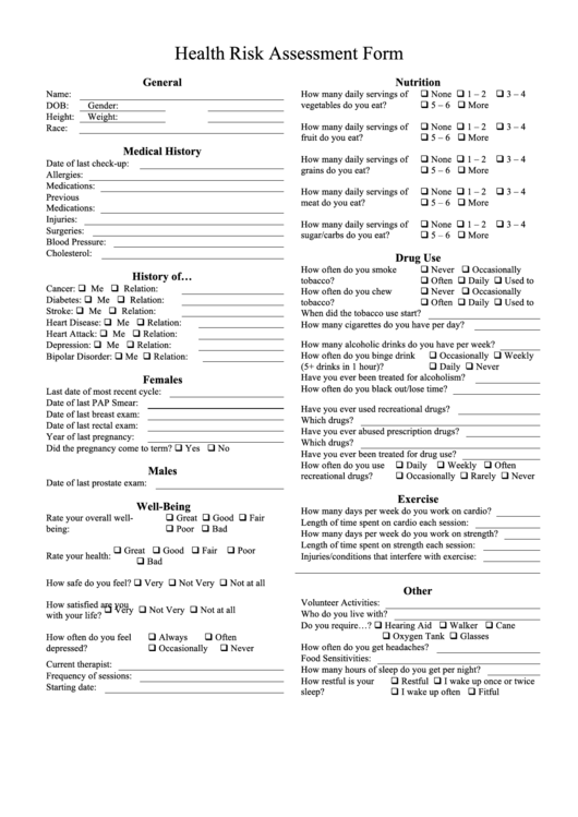 Health Risk Assessment Form printable pdf download