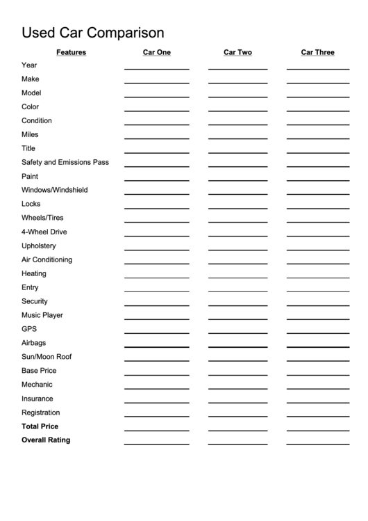 Used Car Comparison printable pdf download