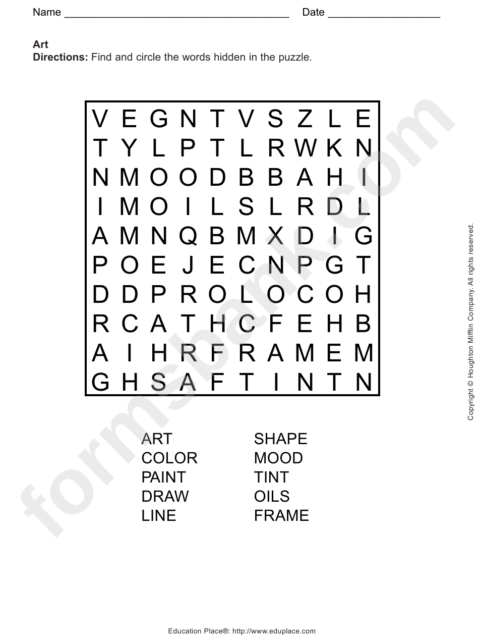Art Word Search Puzzle Template printable pdf download
