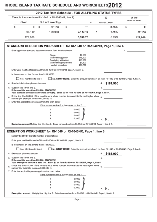 Fillable Rhode Island Tax Rate Schedule And Worksheets (Forms Ri1040