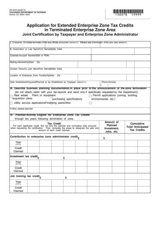 Fillable Form Dr 0078 Application For Extended Enterprise Zone Tax Credits In Terminated