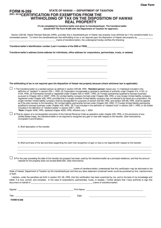 Fillable Form N289 Certification For Exemption From The Withholding