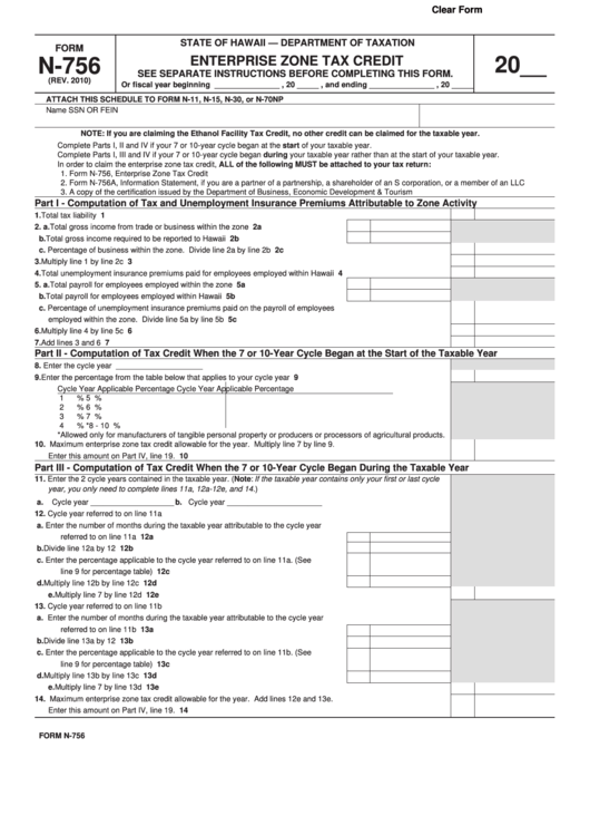 Fillable Form N756 Enterprise Zone Tax Credit printable pdf download