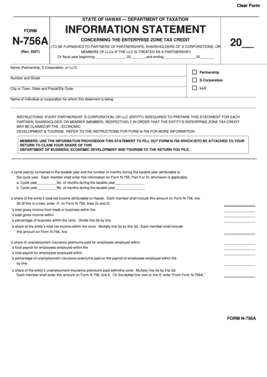 Fillable Form N756a Information Statement Concerning The Enterprise Zone Tax Credit