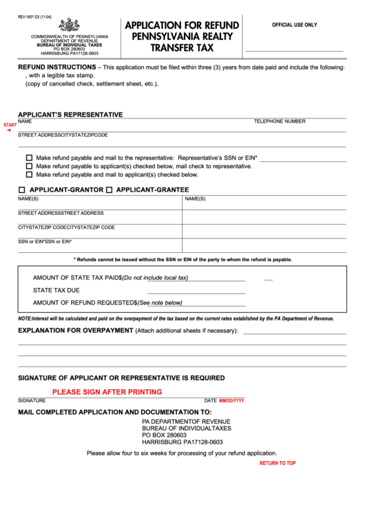 Fillable Form Rev1651 Application For Refund Pennsylvania Realty