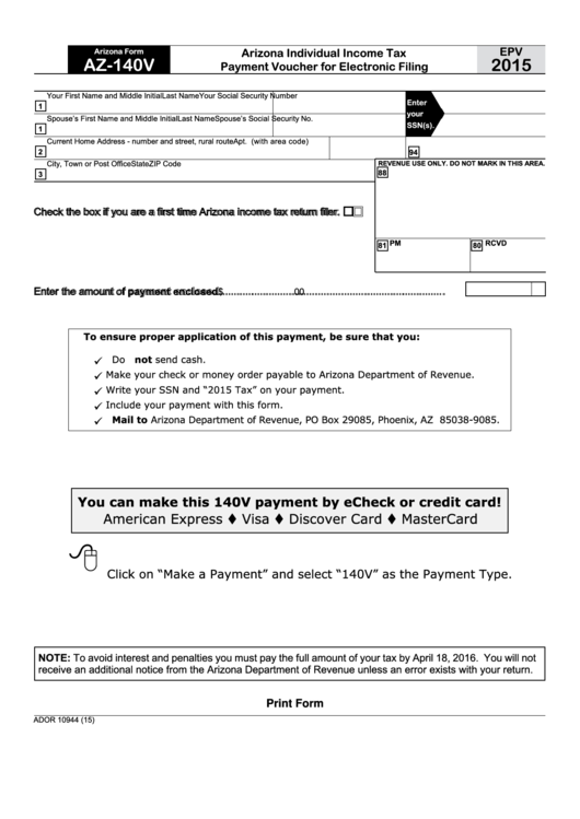 Fillable Arizona Form Az140v Arizona Individual Tax Payment
