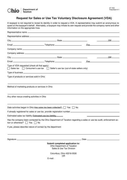 Fillable Form St Vda Request For Sales Or Use Tax Voluntary