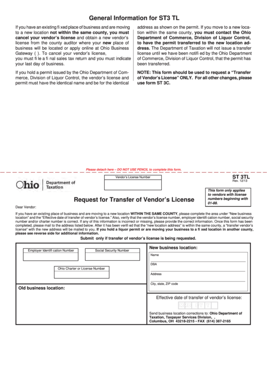 Fillable Form St 3tl Request For Transfer Of Vendor'S