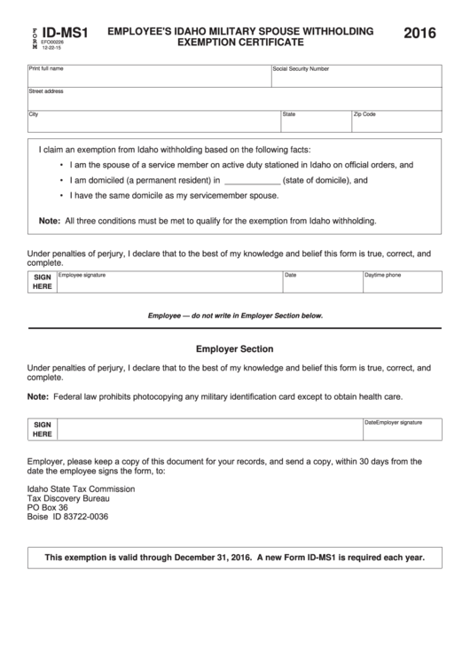 Form IdMs1 Employee'S Idaho Military Spouse Withholding Exemption