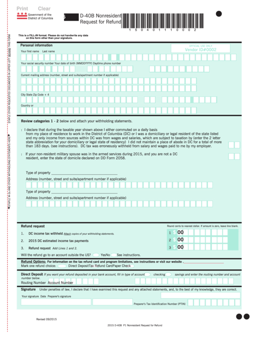 Fillable Form D40b Nonresident Request For Refund 2015 printable