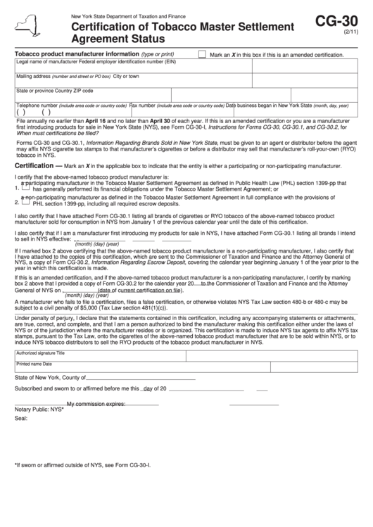 Form Cg30 Certification Of Tobacco Master Settlement Agreement