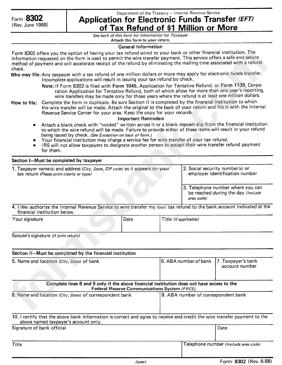 Form 8302 Application For Electronic Funds Transfer (Eft) Of Tax