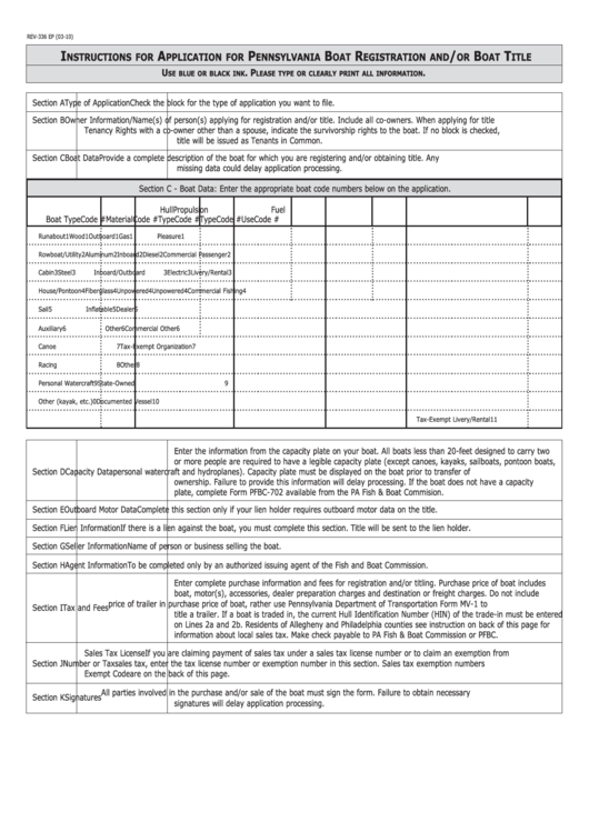 Form Rev336 Application For Pennsylvania Boat Registration And/or
