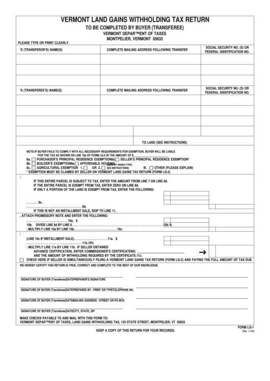 Fillable Form Lg1 Vermont Land Gains Withholding Tax Return