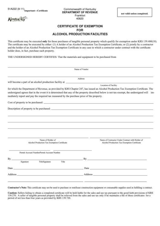 Form 51a222 Certificate Of Exemption For Alcohol Production