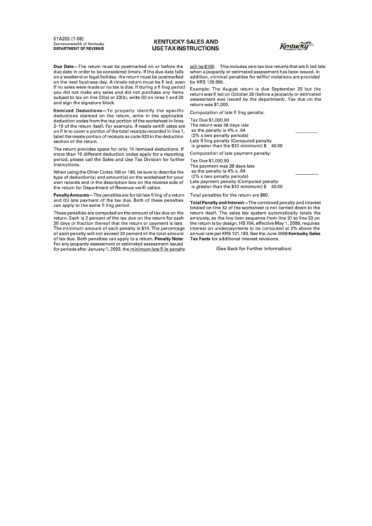 Instructions For Form 51a205 Kentucky Sales And Use Tax printable pdf