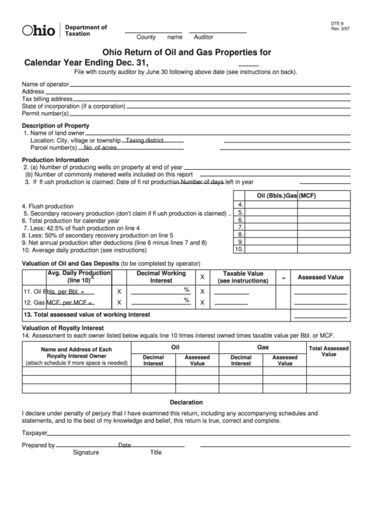 Fillable Form Dte 6 Ohio Return Of Oil And Gas Properties printable